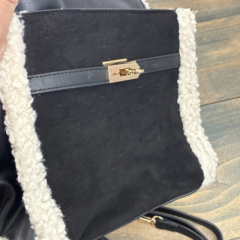 Badgley Mischka NWT Shearling Faux Fur Satchel Crossbody Black Handbag(ST) - Picture 9 of 10